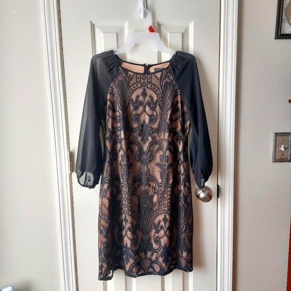 Adrianna Papell - Tan Knee-Length Dress w/ Black Lace Overlay - Picture 1 of 13